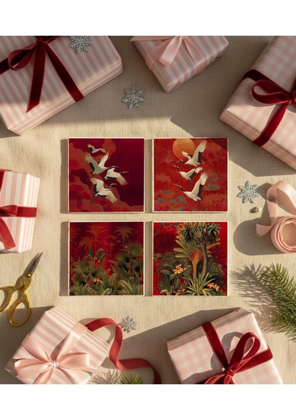 Kırmızı Turna Kuşu ve Tropikal Desenli Doğal Taş Bardak Altlığı, Lüks Ev Dekoru, Yılbaşı Hediyesi, 4’lü fiyatları