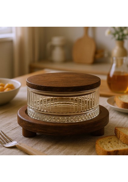 Honey - 3 Parça Ahşap Vakumlu Kapaklı Cam Şekerlik Bal Reçel Kavanozu Ahşap Standlı Cam Sunumluk fiyatları