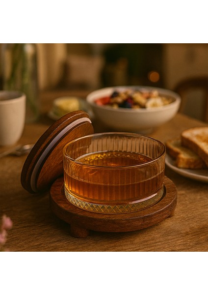 Honey - 3 Parça Ahşap Vakumlu Kapaklı Cam Şekerlik Bal Reçel Kavanozu Ahşap Standlı Cam Sunumluk modelleri