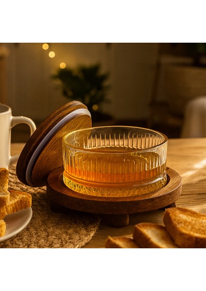 Honey - 3 Parça Ahşap Vakumlu Kapaklı Cam Şekerlik Bal Reçel Kavanozu Ahşap Standlı Cam Sunumluk indirimleri