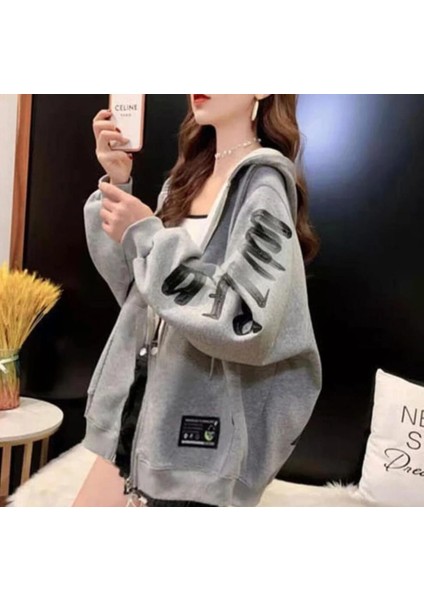 Punıx Büyük Özel Tasarım Baskılı Süper Oversıze Fermuarlı Kapüşonlu Kışlık Battal Kadın Sweatshırt