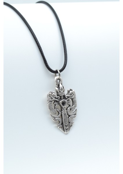 Ejderha Kılıç Taç Gümüş Kaplama Deri İp Kolye