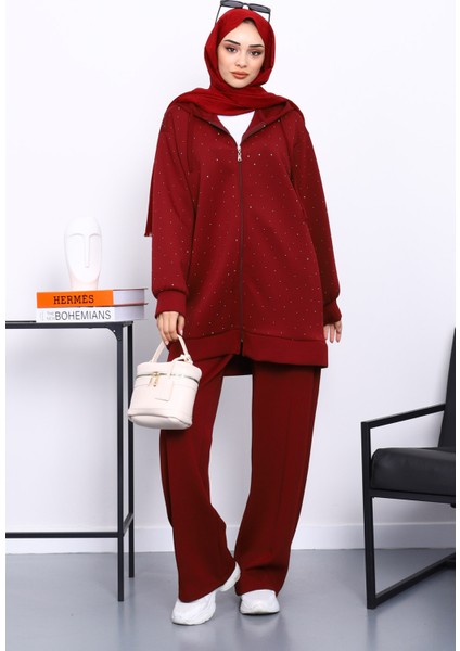Bordo Taşlı Scuba Tunik Pantolonlu Takım