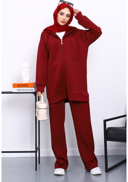 Bordo Taşlı Scuba Tunik Pantolonlu Takım fiyatları
