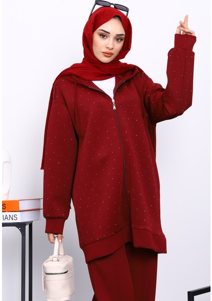 Bordo Taşlı Scuba Tunik Pantolonlu Takım modelleri