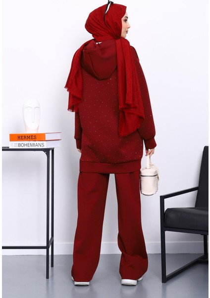 Bordo Taşlı Scuba Tunik Pantolonlu Takım fırsatları