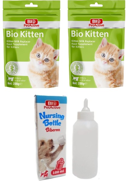 Bio Petactive Kitten Milk Powder Yavru Kedi Süt Tozu 200 gr x 2 Adet + Biberon Seti