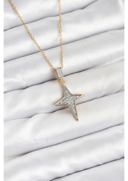 Bfs 316L Çelik Zincir Gold Renk Kutup Yıldızı Model Zirkon Taşlı Kadın Kolye