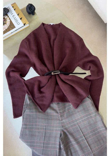 Premium Kemerli Triko Hırka- Vişne