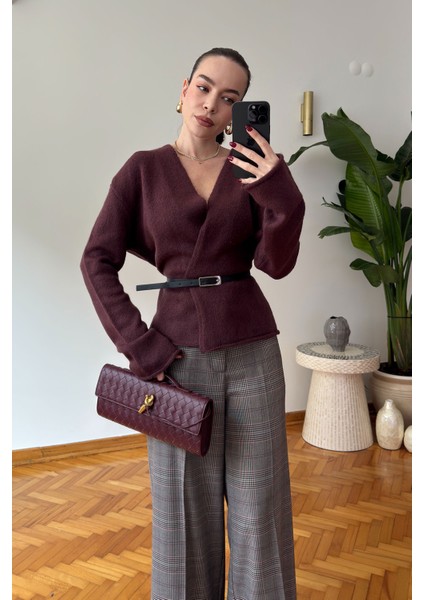 Premium Kemerli Triko Hırka- Vişne fiyatları