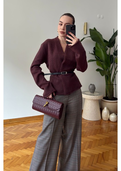 Premium Kemerli Triko Hırka- Vişne modelleri