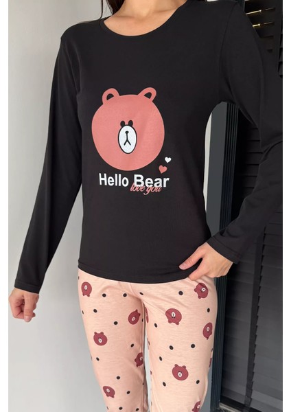 Kadın Bisiklet Yaka Baskılı Uzun Kol Pijama Takımı P-00018753 modelleri