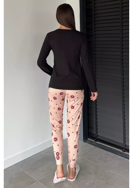 Kadın Bisiklet Yaka Baskılı Uzun Kol Pijama Takımı P-00018753 fırsatları