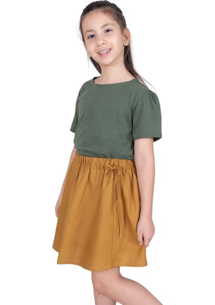 %100 Pamuk Beli Lastikli Astarlı Açık Kahve Kız Çocuk Kloş Etek