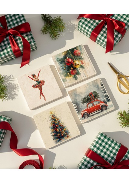 Kırmızı Araba ve Noel Süsleri Desenli Doğal Taş Bardak Altlığı, Ev Dekoru, Yılbaşı Hediyesi, 4’lü fiyatları