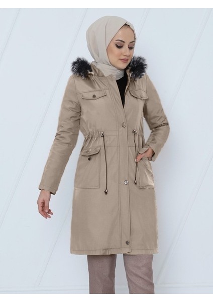 Alpaco Çıkma Kapşonlu Bağcıklı Bondit Kısa Kaban -Taş -Collectıon