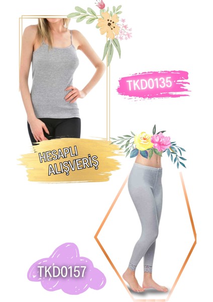 Kadın Ribana Ip Askılı Atlet ve Uzun Tayt Dantelli Paça Takım 6'lı Set (12 Parça) TKD0135 - TKD0157