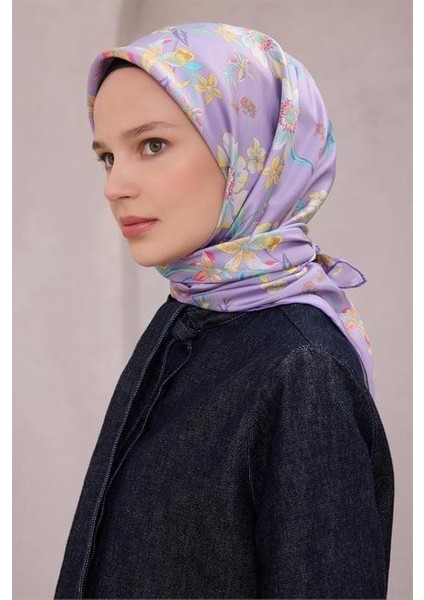 Tivil Saf Ipek Eşarp 4210 - 50 Lila Çiçek Desen