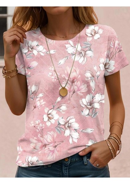 Kadın Kısa Kollu Bisiklet Yaka Çiçek Desenli Viskon Bluz modelleri