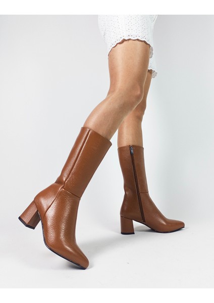 Hakiki Deri Taba Sivri Burun Kalın Topuk Diz Altı Kadın Çizme modelleri