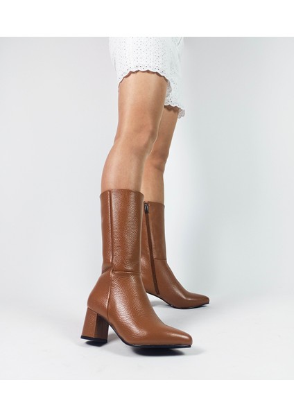Hakiki Deri Taba Sivri Burun Kalın Topuk Diz Altı Kadın Çizme fırsatları