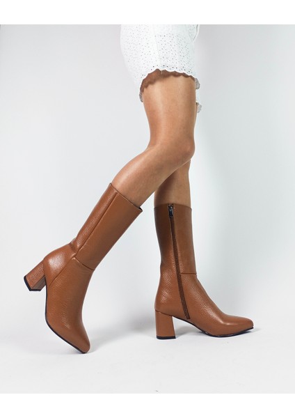 Hakiki Deri Taba Sivri Burun Kalın Topuk Diz Altı Kadın Çizme indirimleri