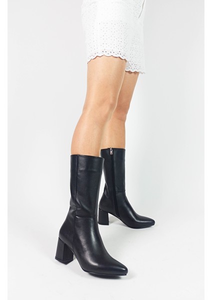 Hakiki Deri Siyah Sivri Burun Kalın Topuk Diz Altı Kadın Çizme fiyatları