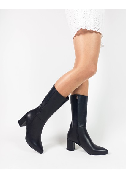 Hakiki Deri Siyah Sivri Burun Kalın Topuk Diz Altı Kadın Çizme fırsatları