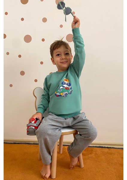 Erkek Bebek Eşofman Takım Yarışçı Ayıcık Baskılı 9 Ay-3 Yaş, Mint Yeşili