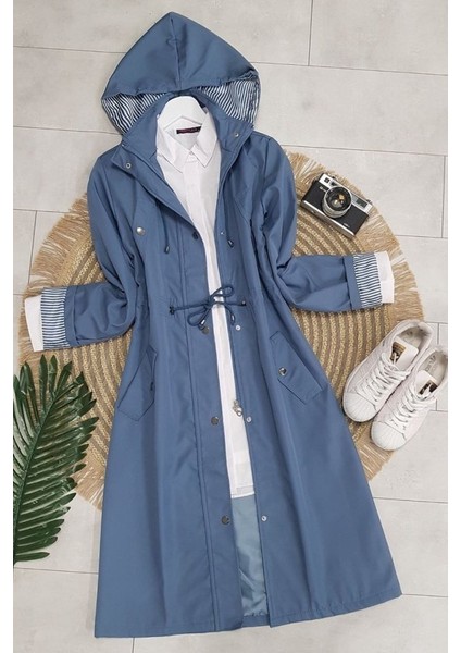 Alpaco Astarı Çizgili Trençkot -Indigo -Collectıon indirimleri