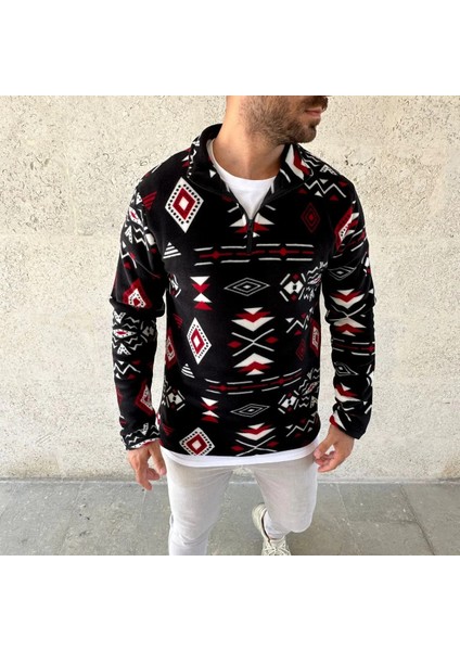 Erkek Yarım Fermuarlı Desenli Polar Sweat Tribal Etnik Desen Yakalı, Uzun Kollu, Oversize Rahat Kalıp, - Siyah modelleri