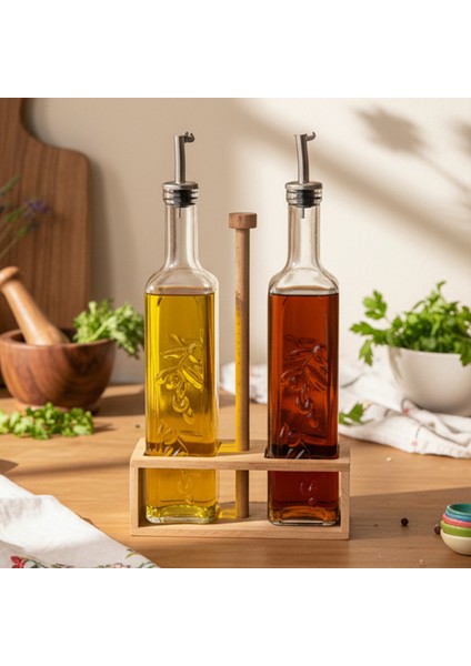 Verra - 2'li Ahşap Tutmalı Standlı Cam Yağdanlık Damlatmaz Yağlık Sirkelik Zeytinyağı Şişesi 500ML