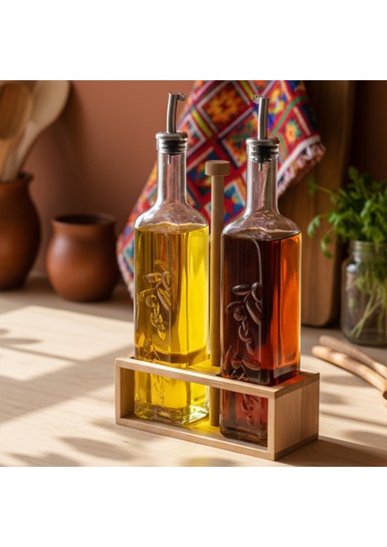 Verra - 2'li Ahşap Tutmalı Standlı Cam Yağdanlık Damlatmaz Yağlık Sirkelik Zeytinyağı Şişesi 500ML fiyatları