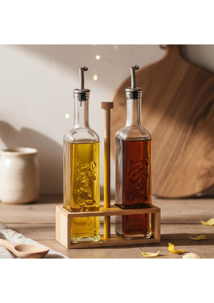 Verra - 2'li Ahşap Tutmalı Standlı Cam Yağdanlık Damlatmaz Yağlık Sirkelik Zeytinyağı Şişesi 500ML modelleri