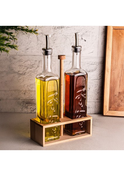 Verra - 2'li Ahşap Tutmalı Standlı Cam Yağdanlık Damlatmaz Yağlık Sirkelik Zeytinyağı Şişesi 500ML fırsatları
