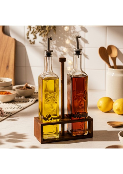Verra - 2'li Ahşap Tutmalı Standlı Cam Yağdanlık Damlatmaz Yağlık Sirkelik Zeytinyağı Şişesi 500ML