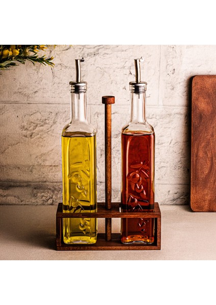 Verra - 2'li Ahşap Tutmalı Standlı Cam Yağdanlık Damlatmaz Yağlık Sirkelik Zeytinyağı Şişesi 500ML fiyatları