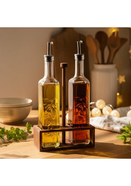 Verra - 2'li Ahşap Tutmalı Standlı Cam Yağdanlık Damlatmaz Yağlık Sirkelik Zeytinyağı Şişesi 500ML fırsatları