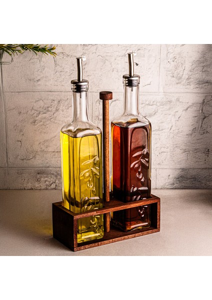Verra - 2'li Ahşap Tutmalı Standlı Cam Yağdanlık Damlatmaz Yağlık Sirkelik Zeytinyağı Şişesi 500ML indirimleri