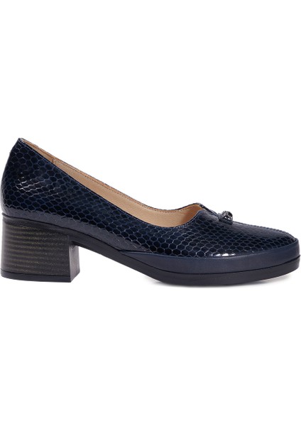 Lacivert Kalın Topuklu Hakiki Deri Kadın Ayakkabı