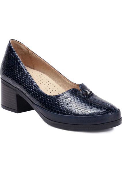Lacivert Kalın Topuklu Hakiki Deri Kadın Ayakkabı fiyatları