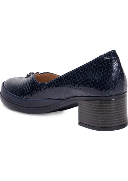 Lacivert Kalın Topuklu Hakiki Deri Kadın Ayakkabı modelleri