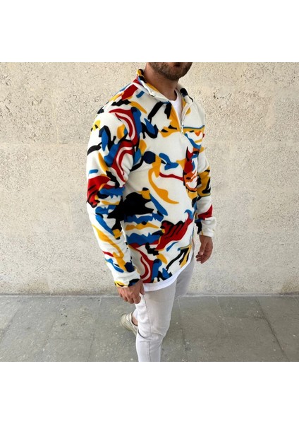 Erkek Yarım Fermuarlı Desenli Polar Sweat – Renkli Abstract Desen Yakalı, Uzun Kollu, Oversize Rahat Kalıp, - Beyaz fiyatları