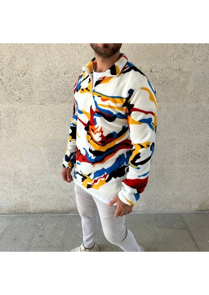 Erkek Yarım Fermuarlı Desenli Polar Sweat – Renkli Abstract Desen Yakalı, Uzun Kollu, Oversize Rahat Kalıp, - Beyaz fırsatları