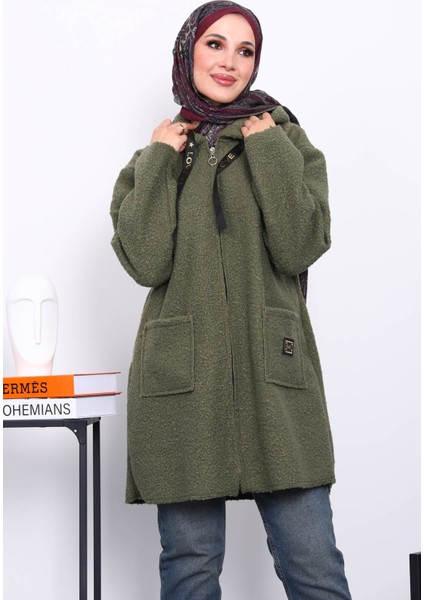 Haki Kapşonlu Cepli Buklet Kaban