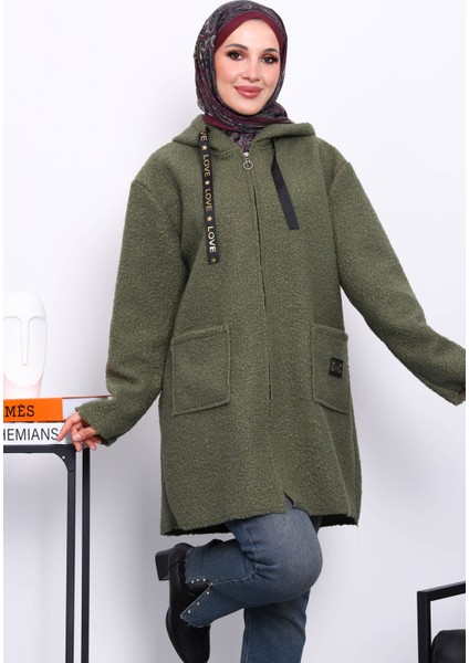 Haki Kapşonlu Cepli Buklet Kaban modelleri