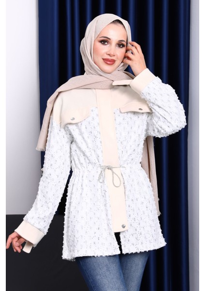 Ekru Sahte Cepli Bel Büzgülü Ceket