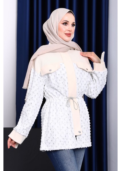Ekru Sahte Cepli Bel Büzgülü Ceket modelleri