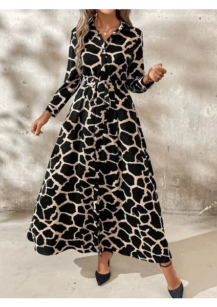 Kadın Uzun Kollu Yakalı Önü Düğmeli Desenli Belden Kuşaklı Uzun Süprem Elbise fırsatları