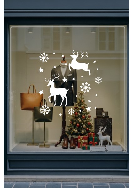 Yılbaşı Süslemeleri Geyik Yıldız Kar Tanesi Vitrin Düzenlemesi Yılbaşı Stickerları 50X50CM - Beyaz fiyatları